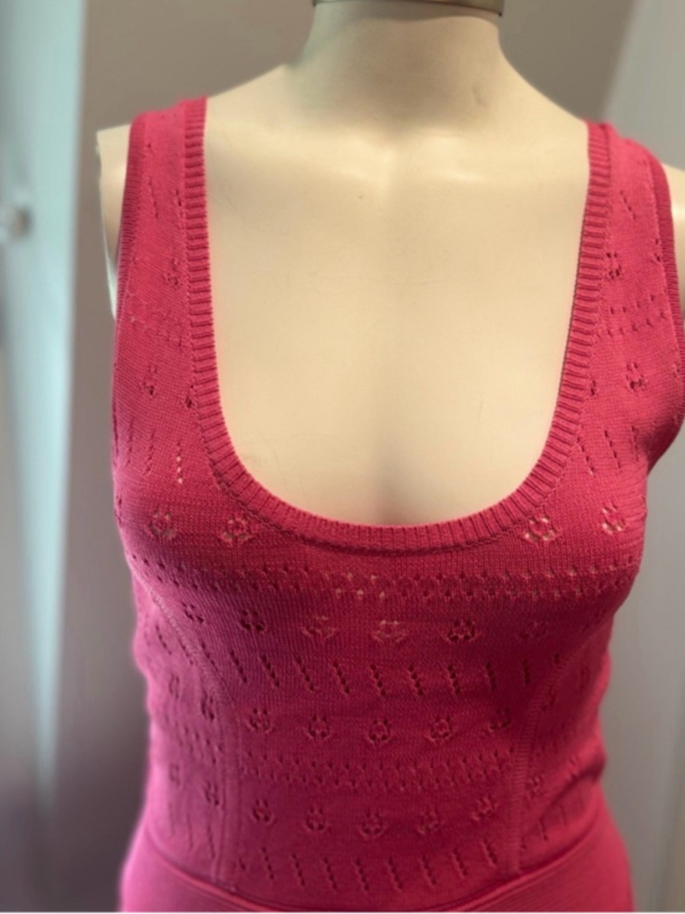 French Connection Pink Pointelle Knit Bodycon Midi Dress | US 6 - Picture 3 of 12